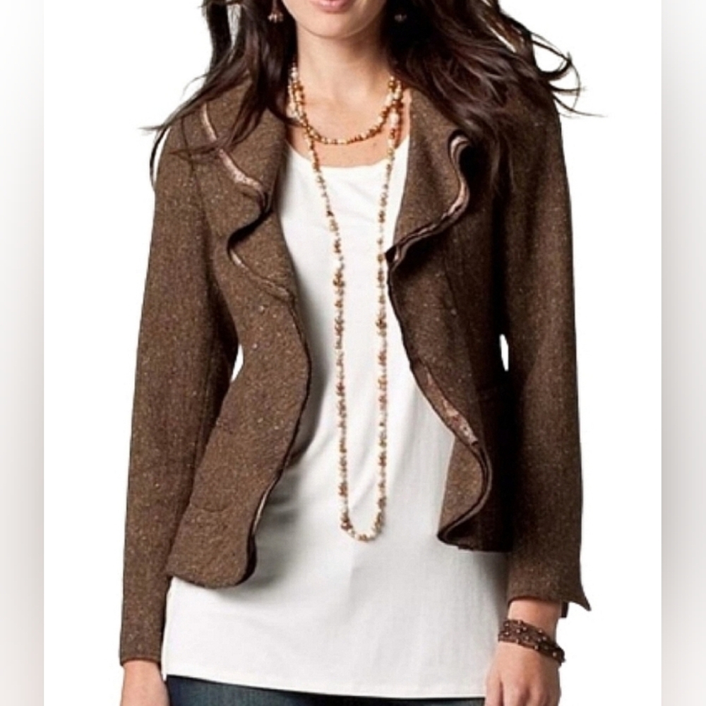 COLDWATER CREEK Wool Blend Tweed Ruffle Collar Jacket Blazer NWT